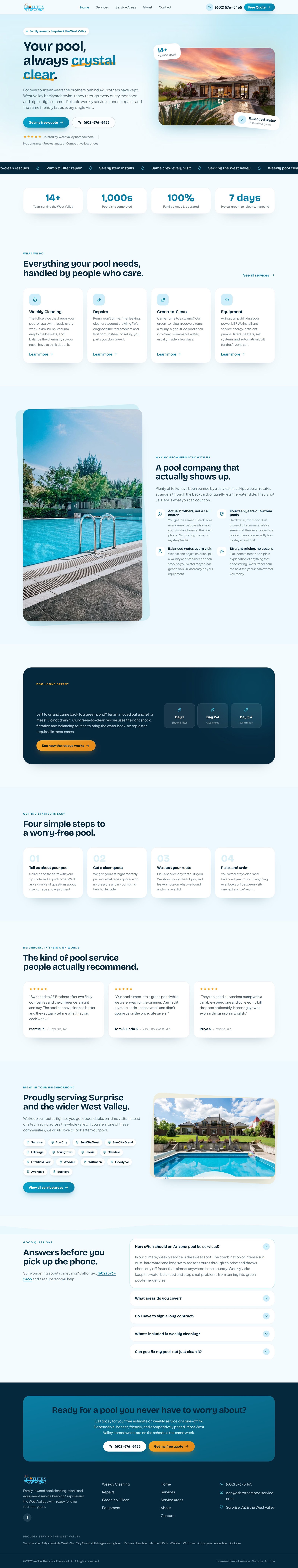 Full AZ Brothers Pool Service homepage, top to bottom
