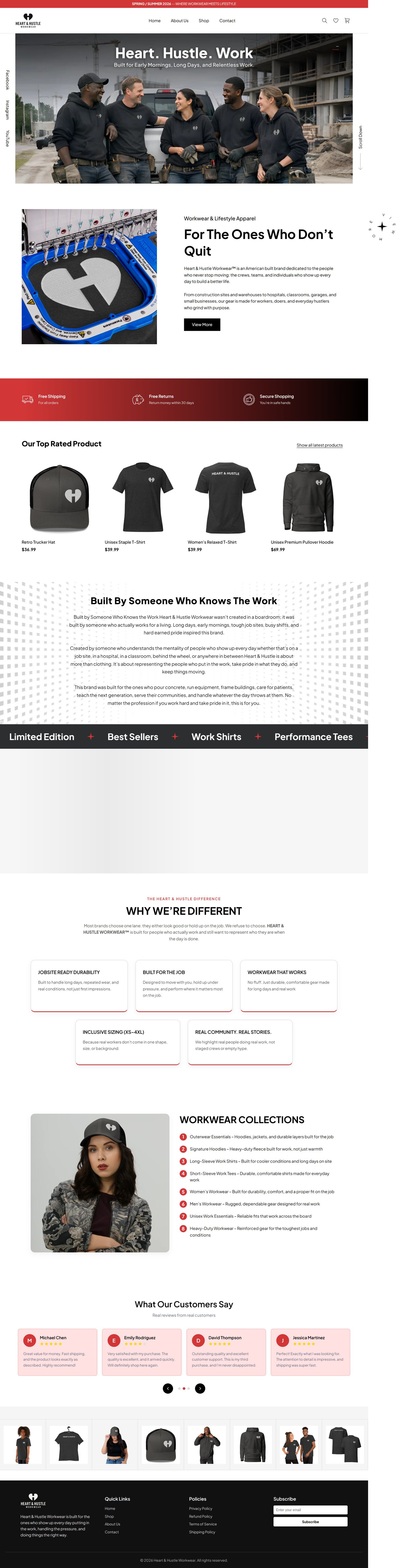 Full Heart & Hustle Workwear homepage, top to bottom