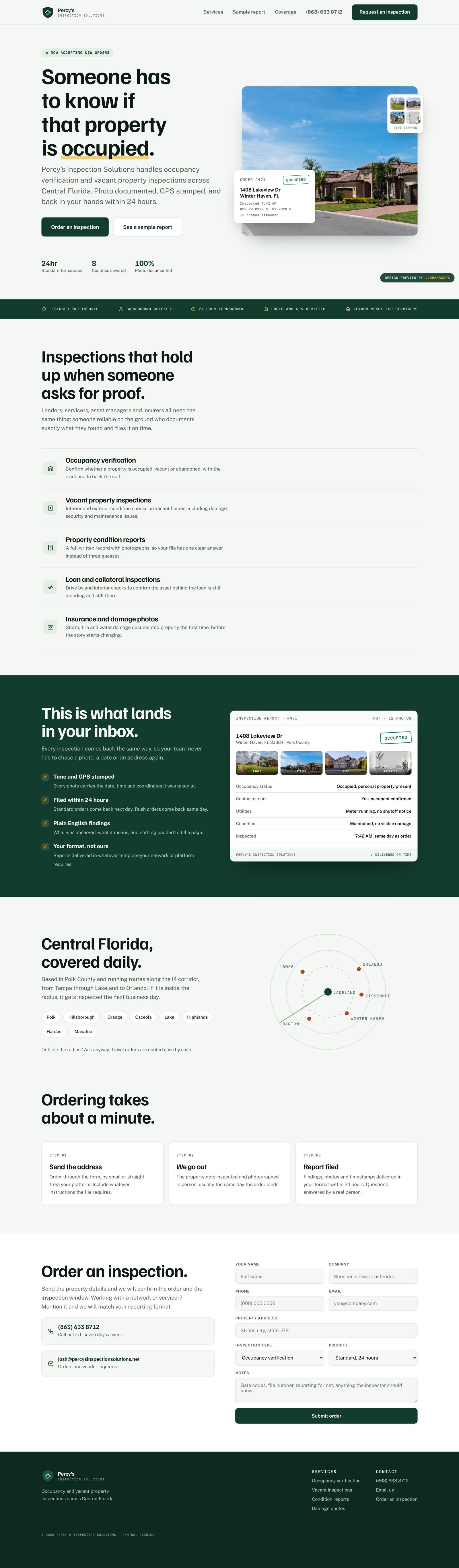 Full Percy's Inspection Solutions homepage, top to bottom