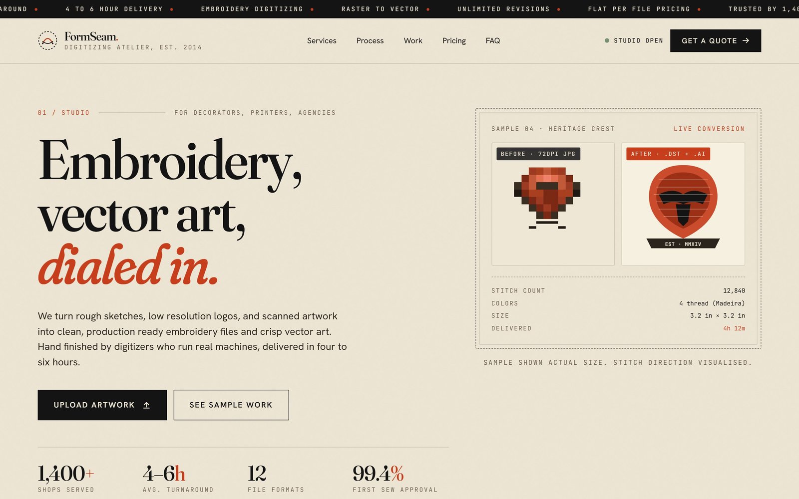 Stitchform Co. homepage as built by LlamaMakers