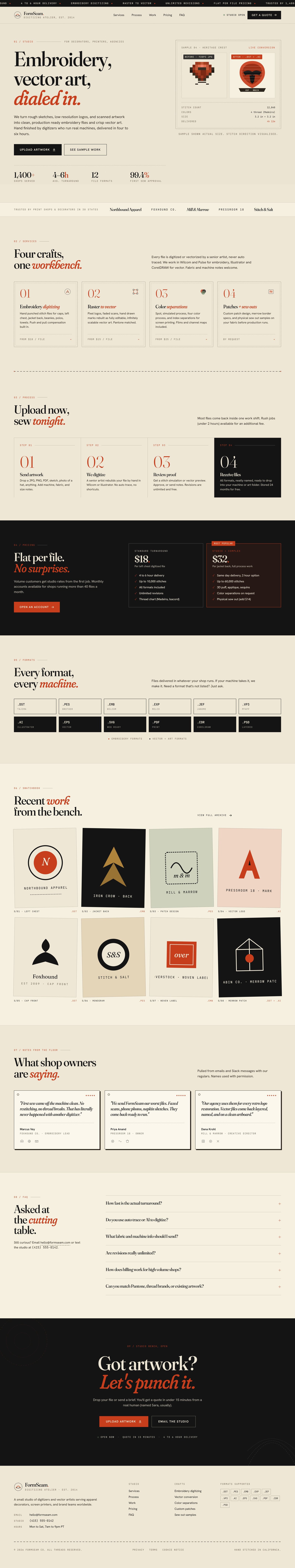 Full Stitchform Co. homepage, top to bottom