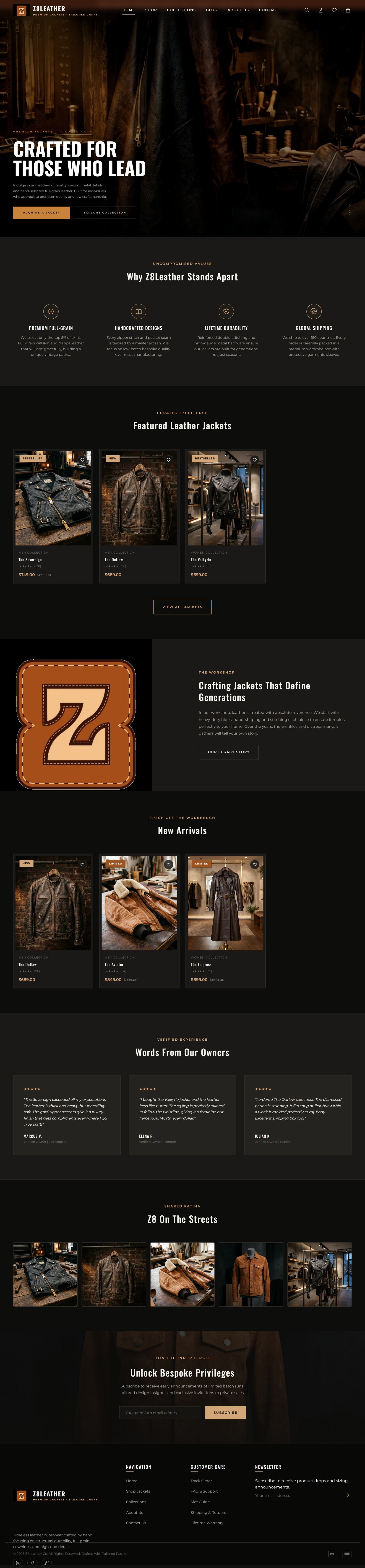Full Z8Leather homepage, top to bottom